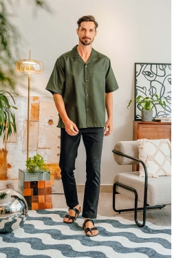 TUSCA MEN | Alunan Relax Cotton Linen Shirt in Green